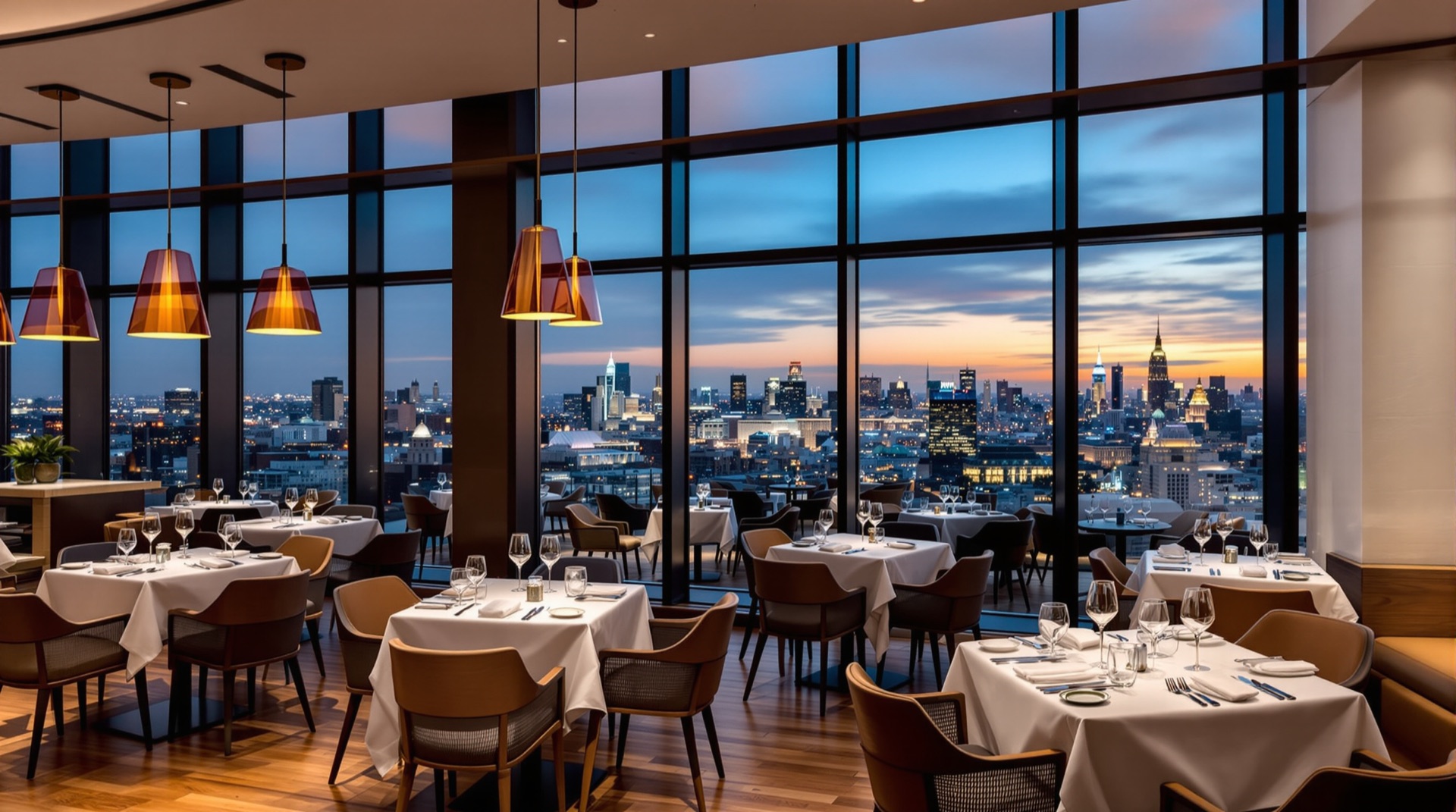 Mirage restaurant and lounge interior with a city view at the Maverick Motor Inn
