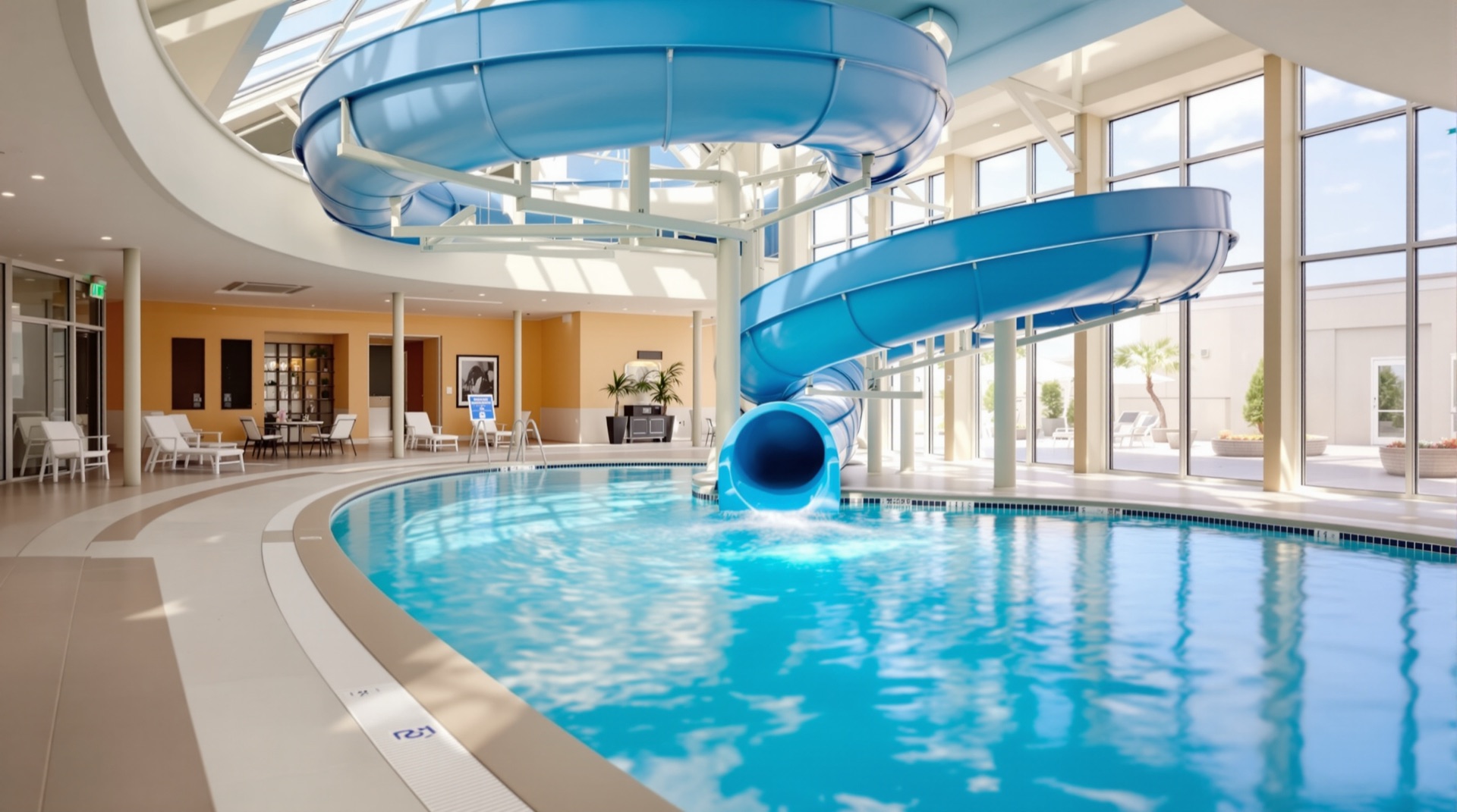 Indoor heated pool with curved waterslide at the Maverick Motor Inn Kamloops