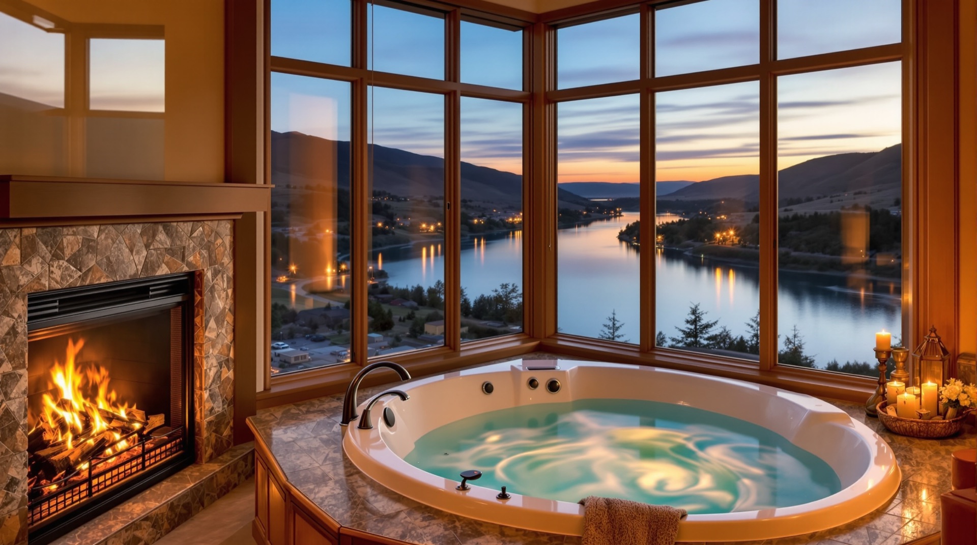 Jacuzzi room with fireplace and river valley view at the Maverick Motor Inn